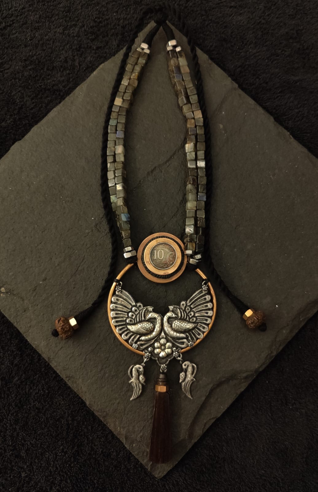 Silver peacock necklace