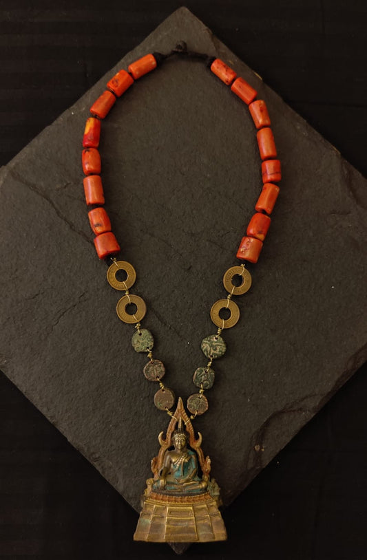 Coral bead Buddha necklace