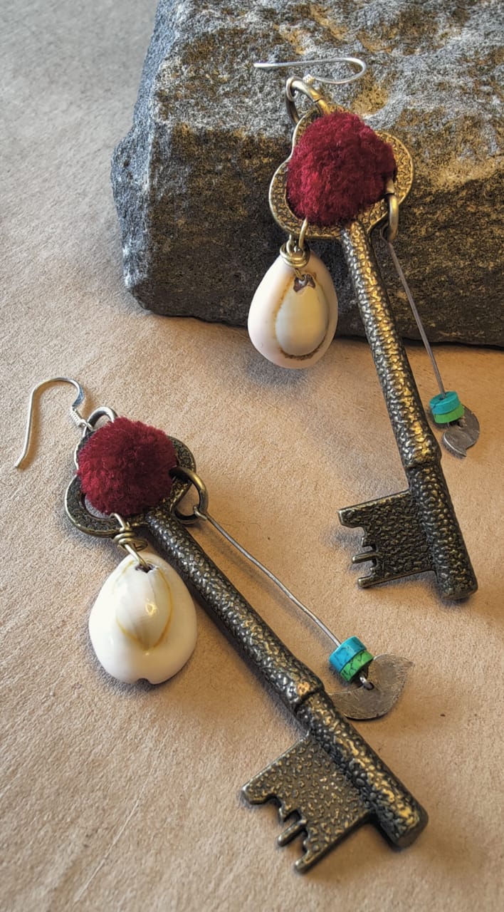 Antique key cowrie earring